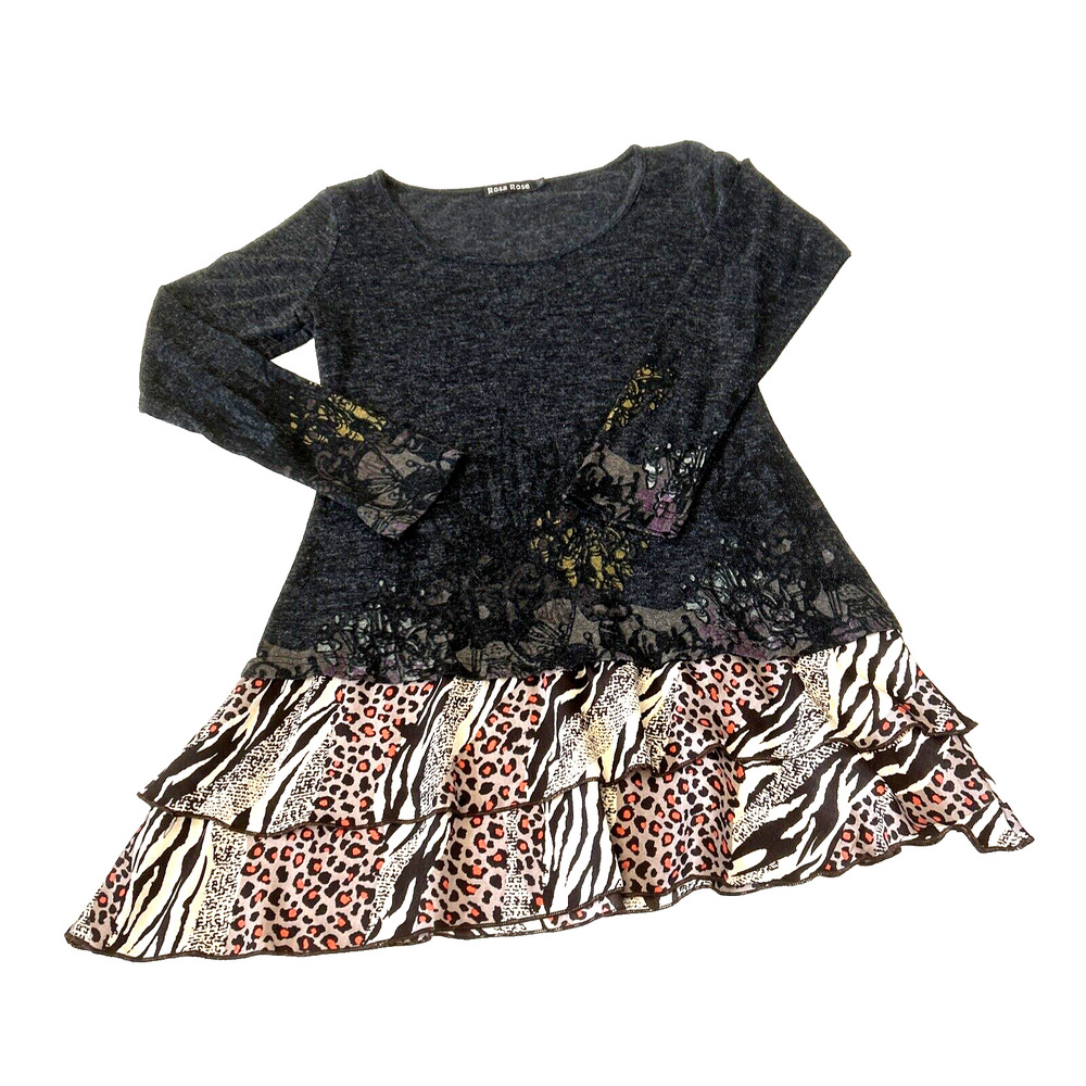 Rosa Rose Women's Dress Large Gray Print Long Sleeve Tiered Leopard Print